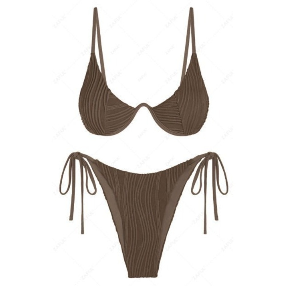 Zaful Women's Ribbed Monowire Tie Side Bikini Swimsuit - Coffee - XS (US 2)